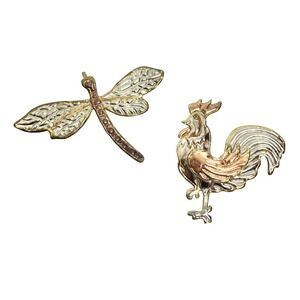 Dragonfly Rooster Brooch Set Gold Silver‎ Tone Costume Jewelry Pendants Vintage